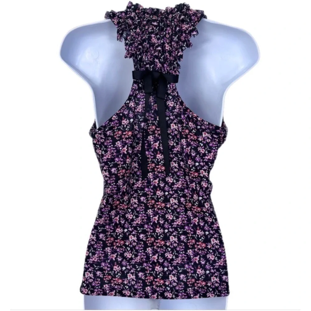 Self Esteem Tank Top Women Large Purple Floral Ruffle Bow Racerback Blouse